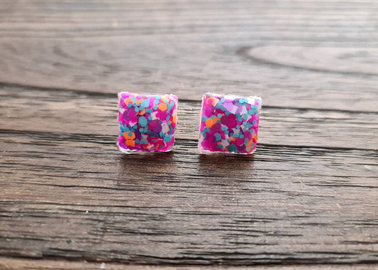 Square Stud Earrings, Neon Pink Blue Orange Teal White Glitter Resin Earrings. Stainless Steel Stud Earrings. 12mm