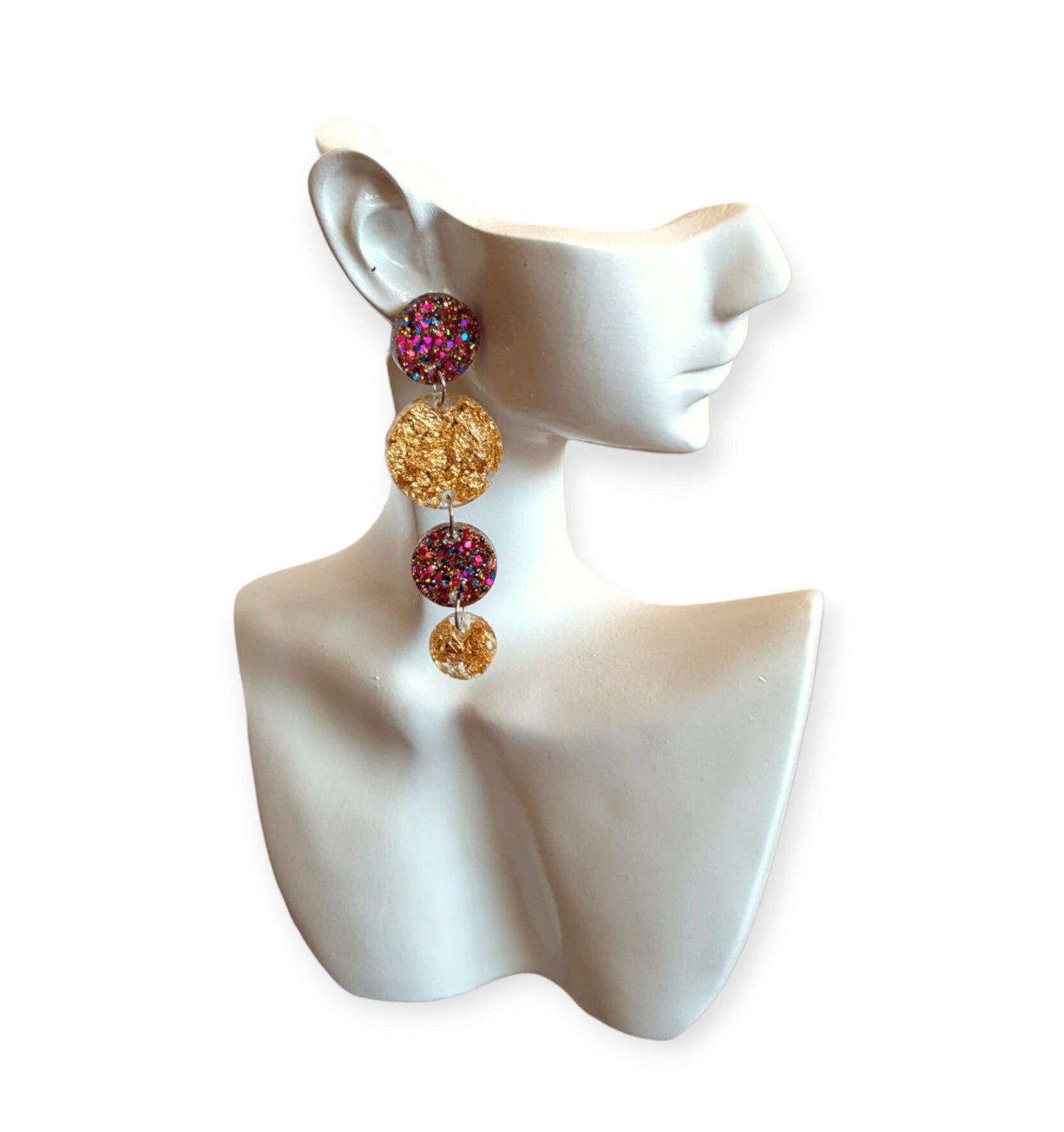 Gold Leaf Long Circle Dangle Drop Earrings, Statement Earrings, Gold Leaf and Pink Blue Mixed Glitter Resin Dangle Stud Earrings