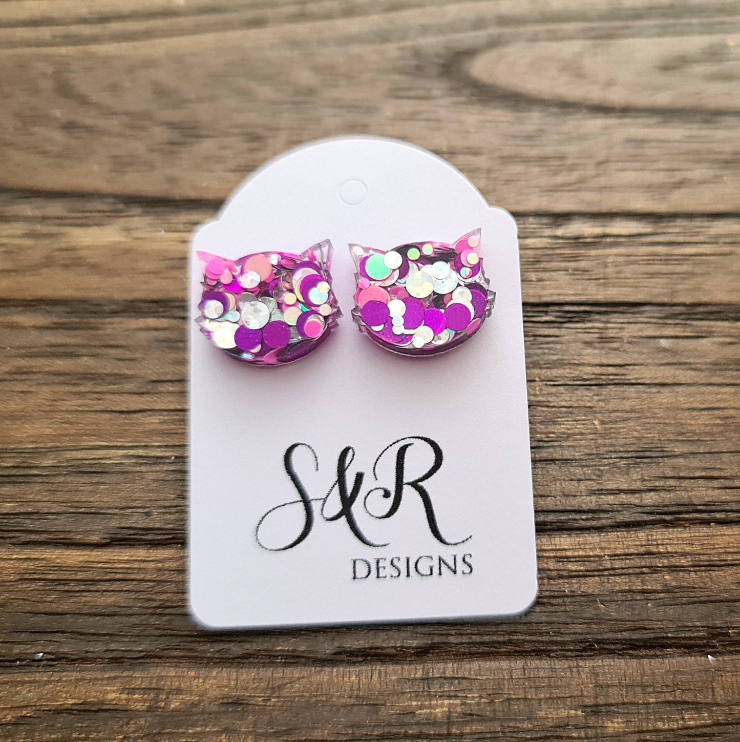 Cat Earrings, Cat Resin Stud Earrings, Silver Holographic, Purple Pink Earrings, Cat Glitter Earrings made with Stainless Steel.