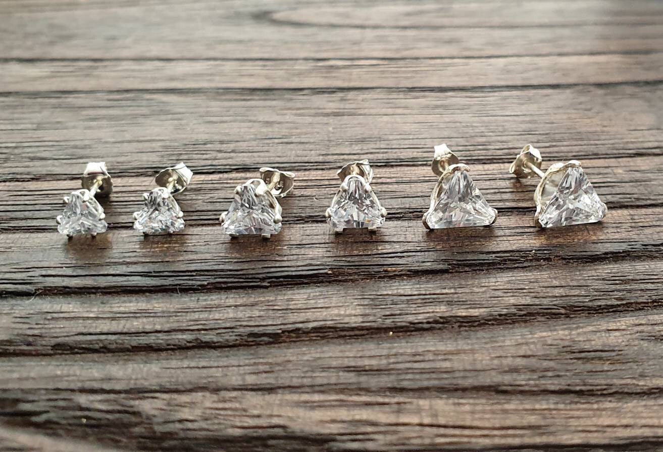 Sterling Silver CZ Triangle Cut Stud Earrings, Cubic Zirconia Clear Stud Earrings, Trillion Cz Studs, Trillion Cut Studs 5mm, 6mm, 7mm