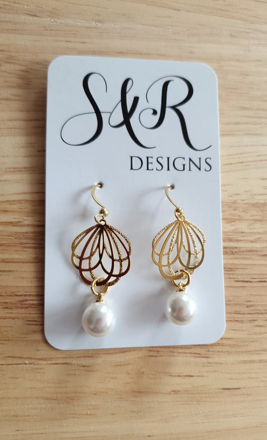 Gold Dainty Filigree Flower with Faux Pearl Leverback Earrings, Stainless Steel Statement Dangle Drop Minimalist Earrings. Pearl Drops.