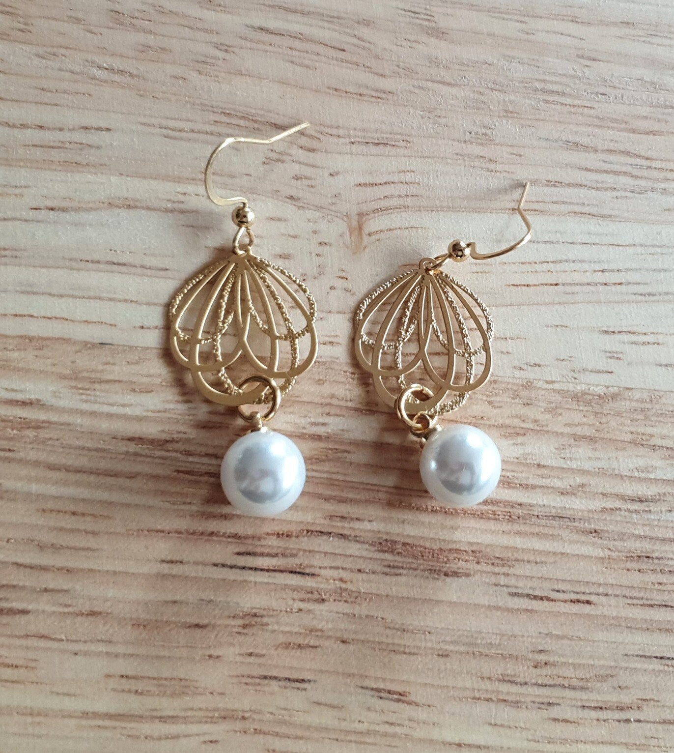 Gold Dainty Filigree Flower with Faux Pearl Leverback Earrings, Stainless Steel Statement Dangle Drop Minimalist Earrings. Pearl Drops.