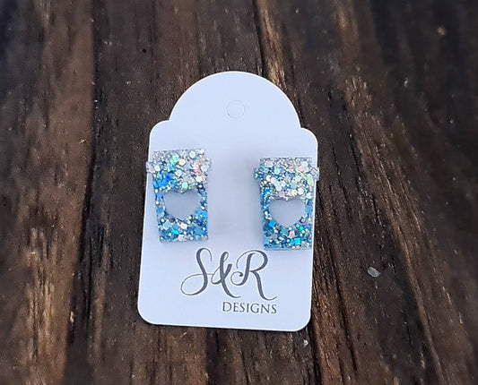 Coffee Cup Stud Earrings, Silver Holographic, Light Blue Glitter Coffee Earrings, Stainless Steel Studs, Coffee Lover