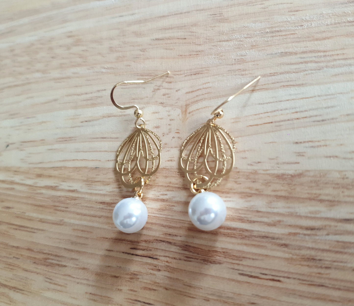 Gold Dainty Filigree Flower with Faux Pearl Leverback Earrings, Stainless Steel Statement Dangle Drop Minimalist Earrings. Pearl Drops.