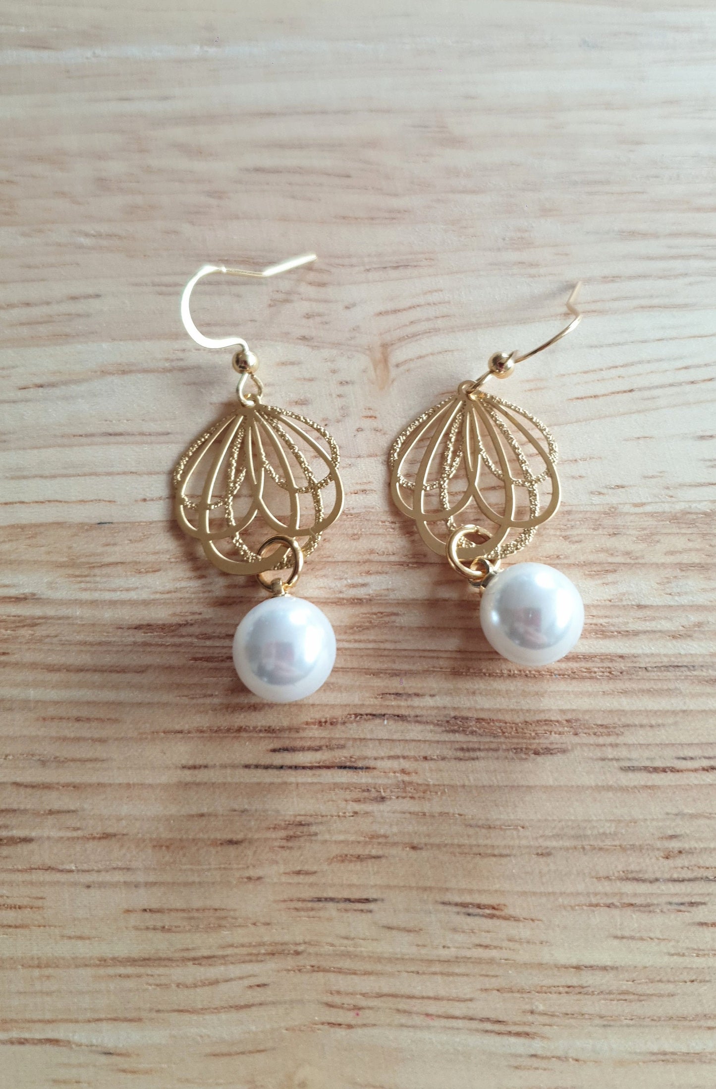 Gold Dainty Filigree Flower with Faux Pearl Leverback Earrings, Stainless Steel Statement Dangle Drop Minimalist Earrings. Pearl Drops.