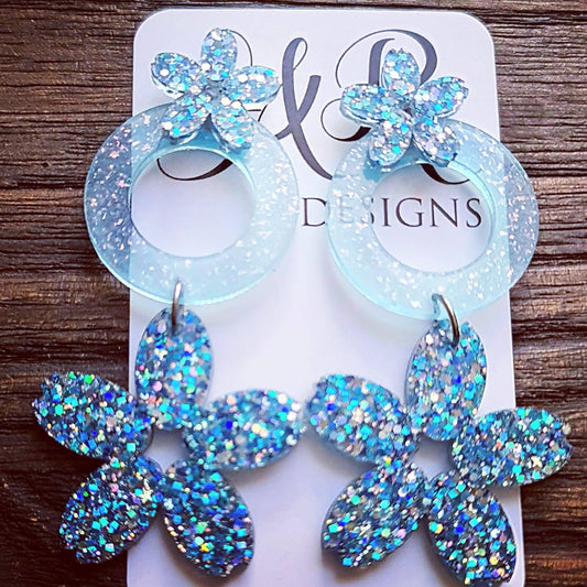 Flower Earrings, Circle Statement Glitter Earrings, Blue Silver Glitter Long Dangle Earrings