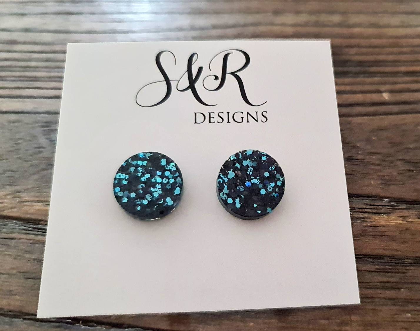 Ice Blue Circle Dot Resin Stud Earrings, Black Blue Glitter Earrings. Stainless Steel Stud Earrings. 8mm, 10mm, 12mm or 15mm
