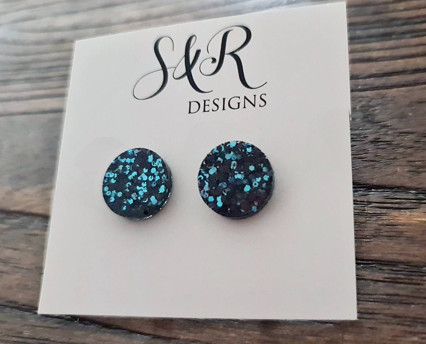 Ice Blue Circle Dot Resin Stud Earrings, Black Blue Glitter Earrings. Stainless Steel Stud Earrings. 8mm, 10mm, 12mm or 15mm
