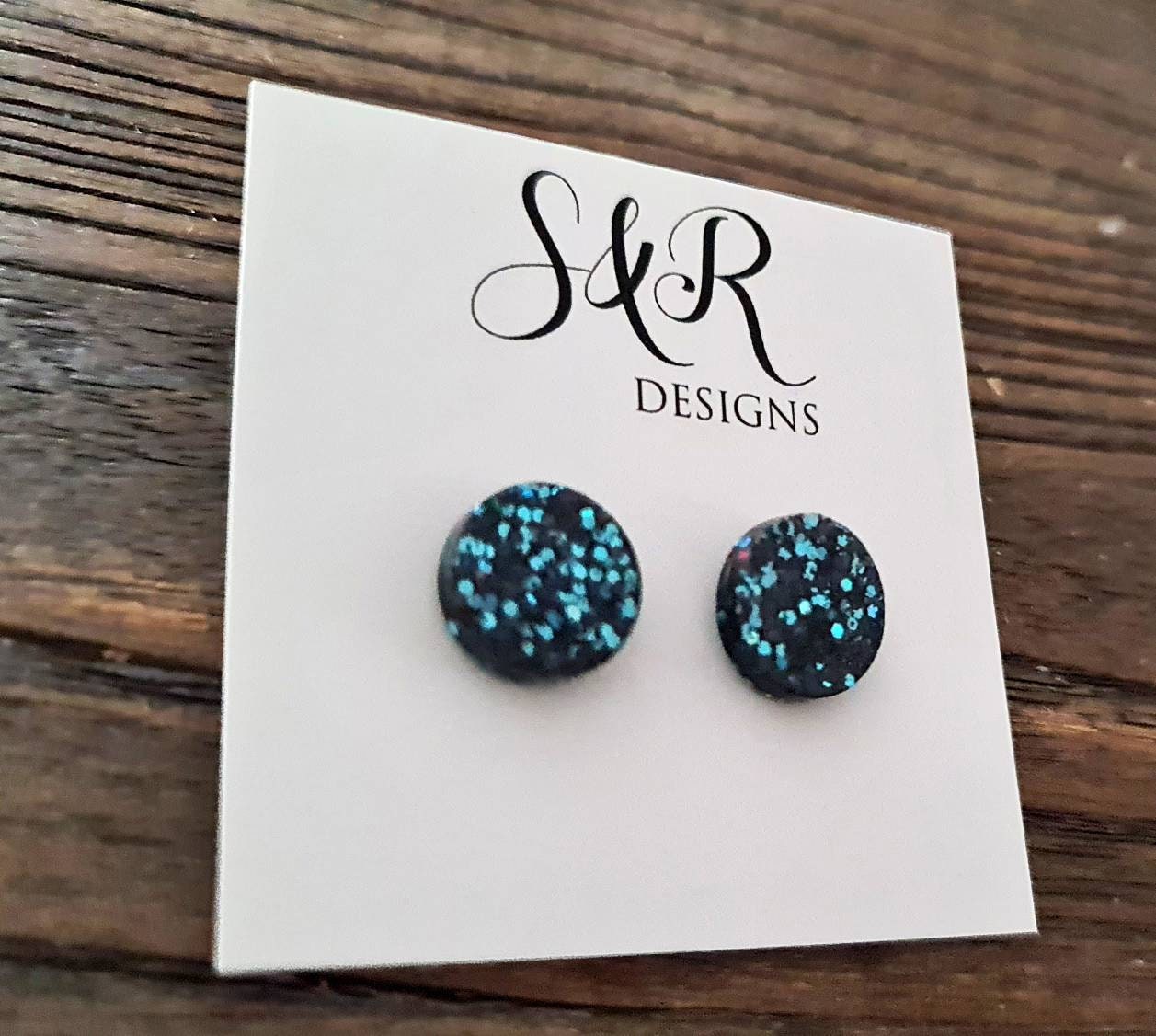 Ice Blue Circle Dot Resin Stud Earrings, Black Blue Glitter Earrings. Stainless Steel Stud Earrings. 8mm, 10mm, 12mm or 15mm