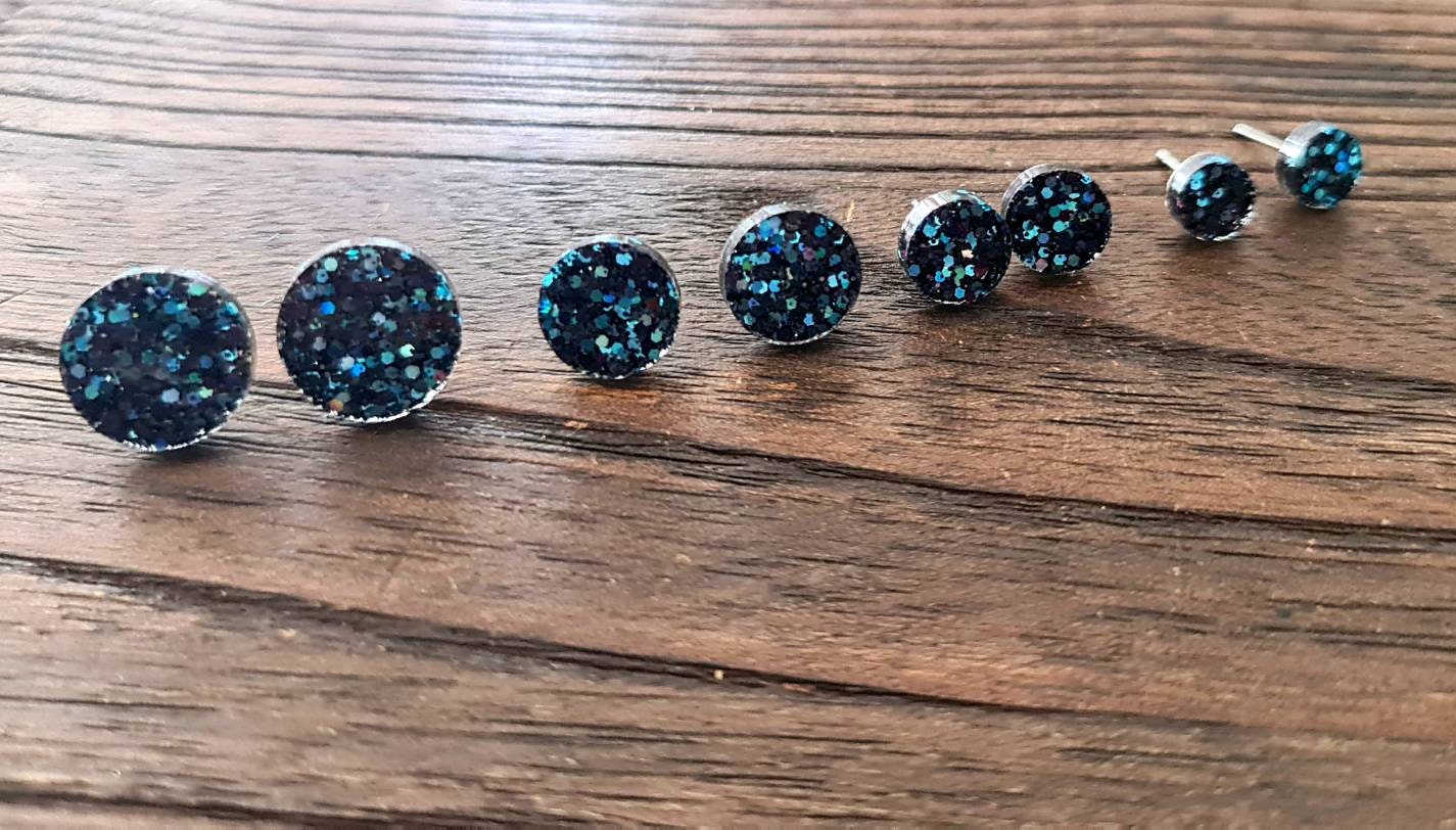 Ice Blue Circle Dot Resin Stud Earrings, Black Blue Glitter Earrings. Stainless Steel Stud Earrings. 8mm, 10mm, 12mm or 15mm