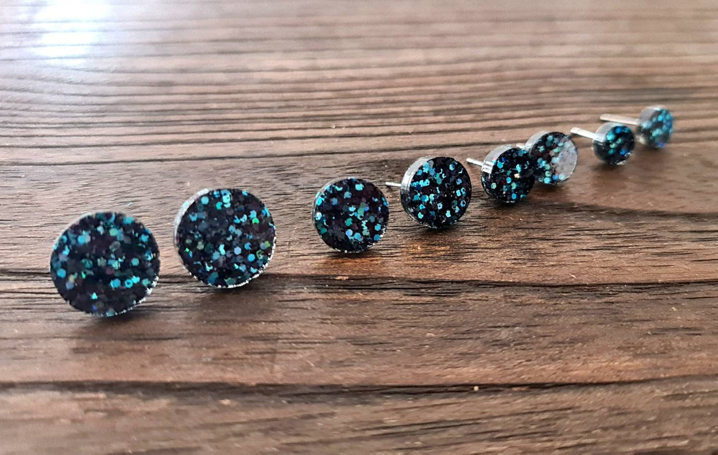Ice Blue Circle Dot Resin Stud Earrings, Black Blue Glitter Earrings. Stainless Steel Stud Earrings. 8mm, 10mm, 12mm or 15mm
