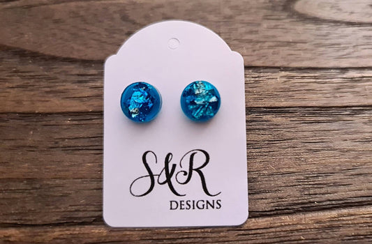 Circle Dot Resin Stud Earrings, Brilliant Blue Earrings with Silver Leaf. Stainless Steel Stud Earrings. 15mm, 12mm, 10mm or 8mm