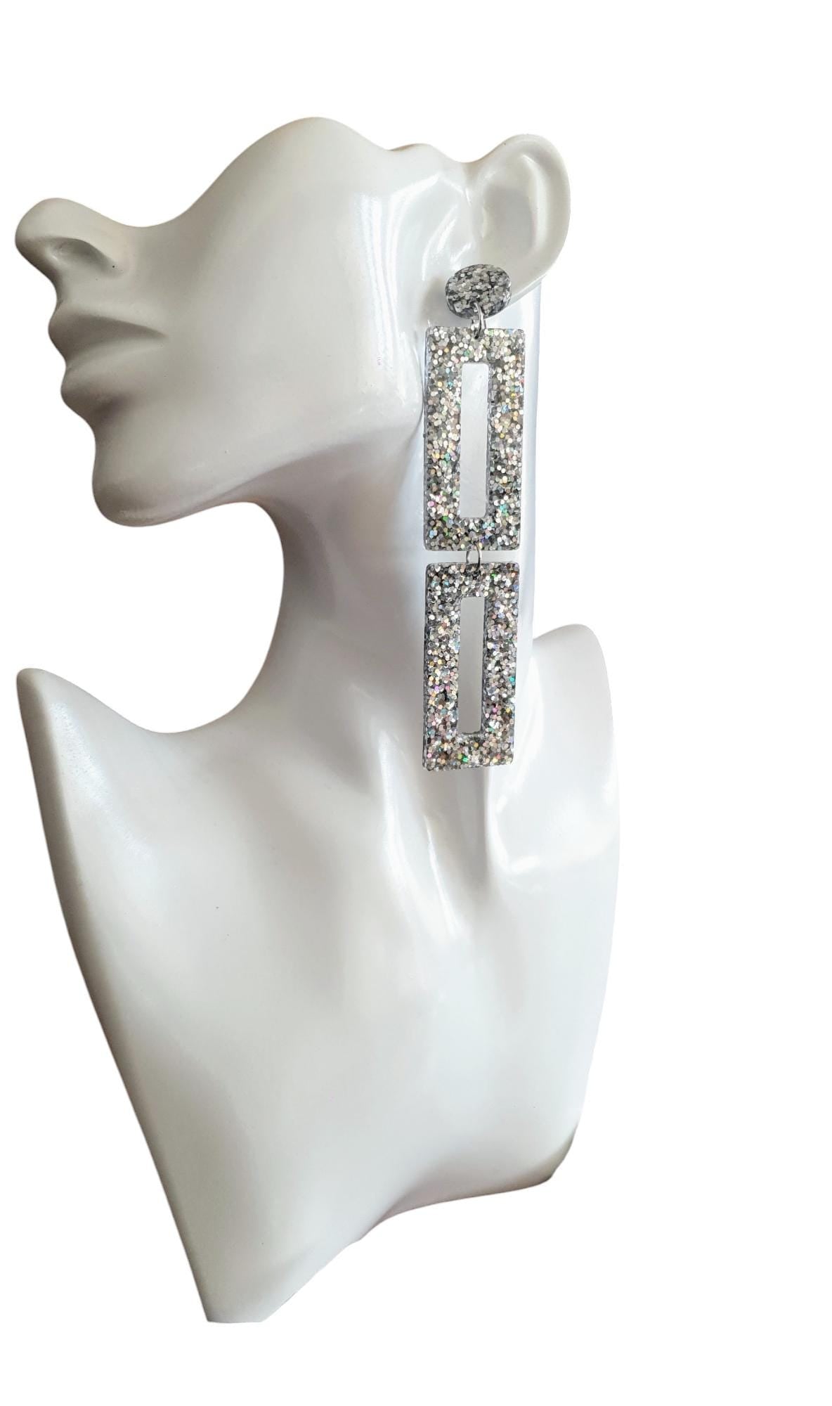 Sparkly Double Rectangle Statement Earrings, Silver Holographic Glitter Extra Long Dangle Earrings