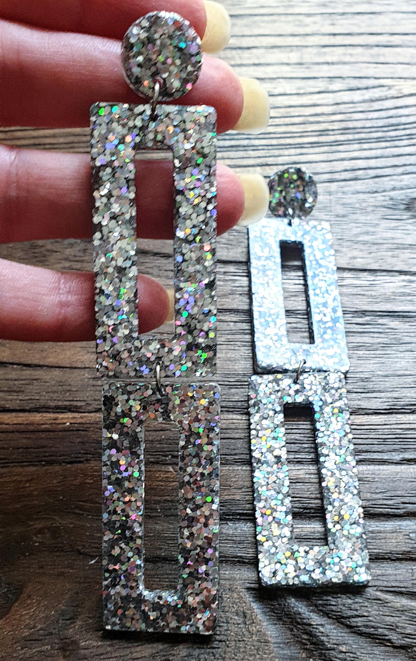 Sparkly Double Rectangle Statement Earrings, Silver Holographic Glitter Extra Long Dangle Earrings