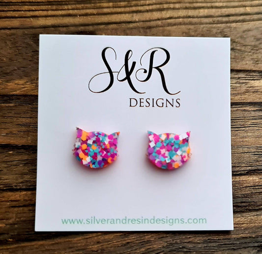 Cat Earrings, Cat Resin Stud Earrings, Purple Pink White Orange Teal Earrings, Cat Glitter Earrings made with Stainless Steel.