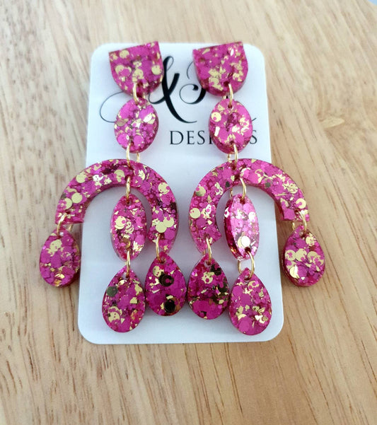 Large Oversized Chandelier Dangle Earrings, Pink and Gold Glitter Dangles, Statement Long Earrings