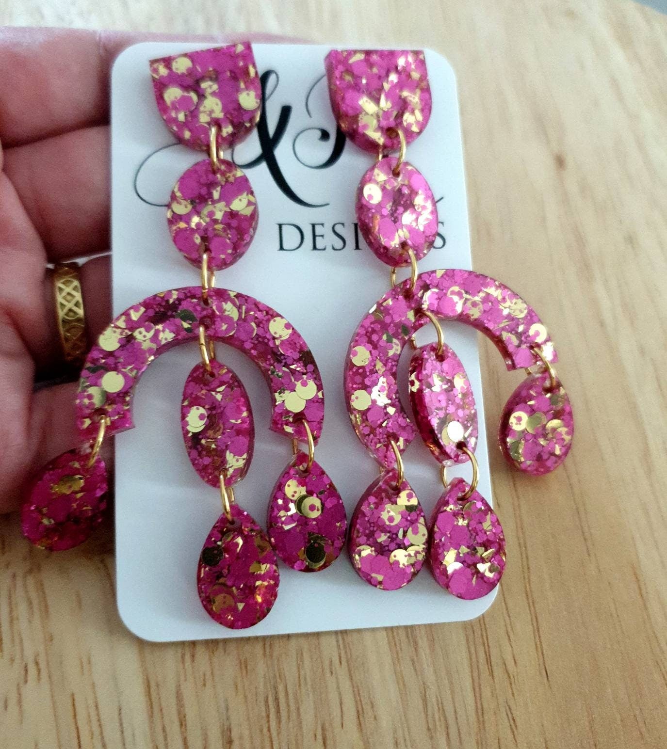 Large Oversized Chandelier Dangle Earrings, Pink and Gold Glitter Dangles, Statement Long Earrings