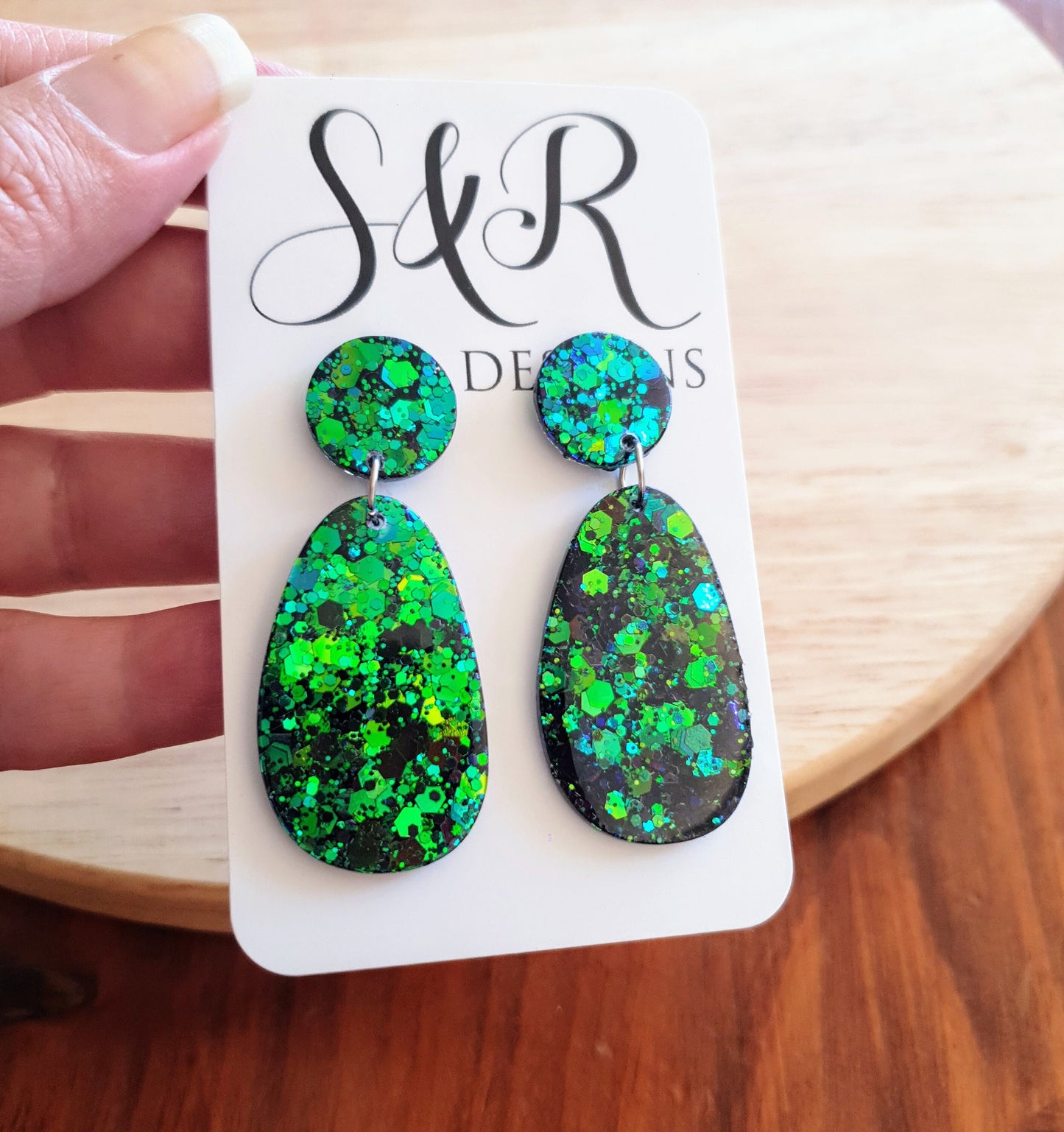 Statement Oval Organic Shape Drop Earrings, Green Blue Changing Glitter, Resin Handmade, Stainless Steel. Personalised Gift Custom Colours