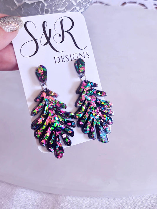 Handmade Glitter Resin Leaf Earrings - Multicoloured Bold Statement Jewellery