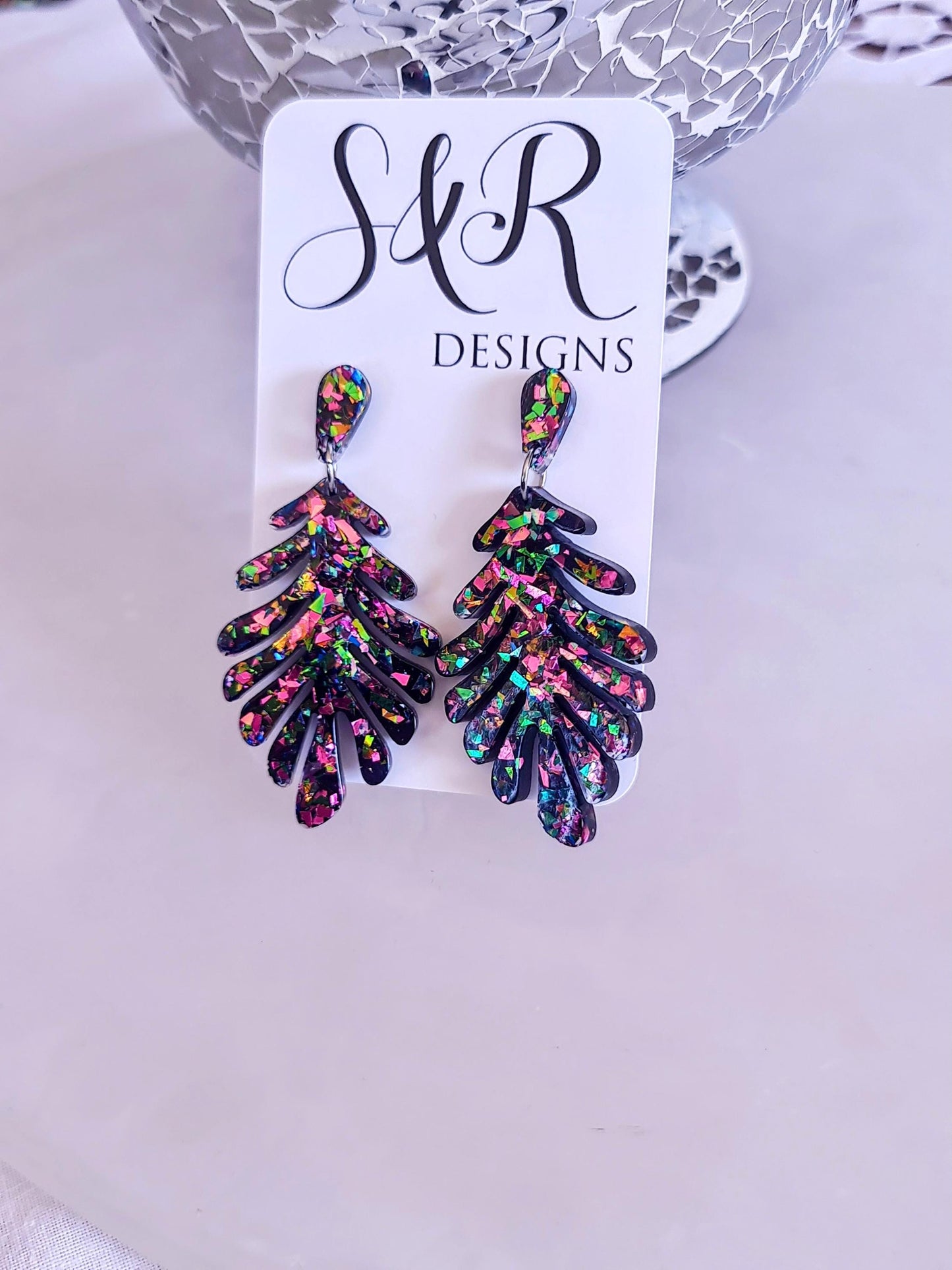 Handmade Glitter Resin Leaf Earrings - Multicoloured Bold Statement Jewellery