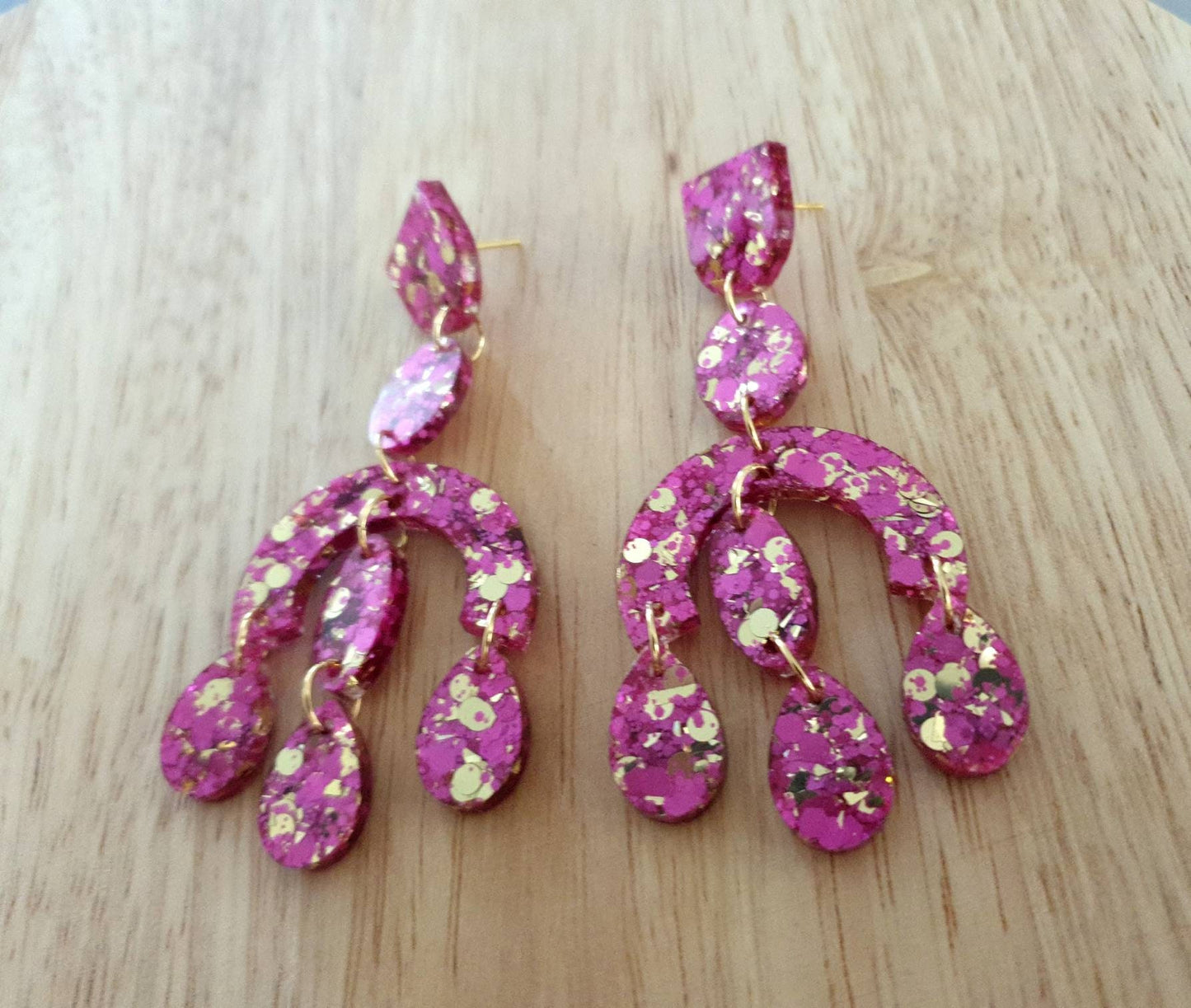 Large Oversized Chandelier Dangle Earrings, Pink and Gold Glitter Dangles, Statement Long Earrings