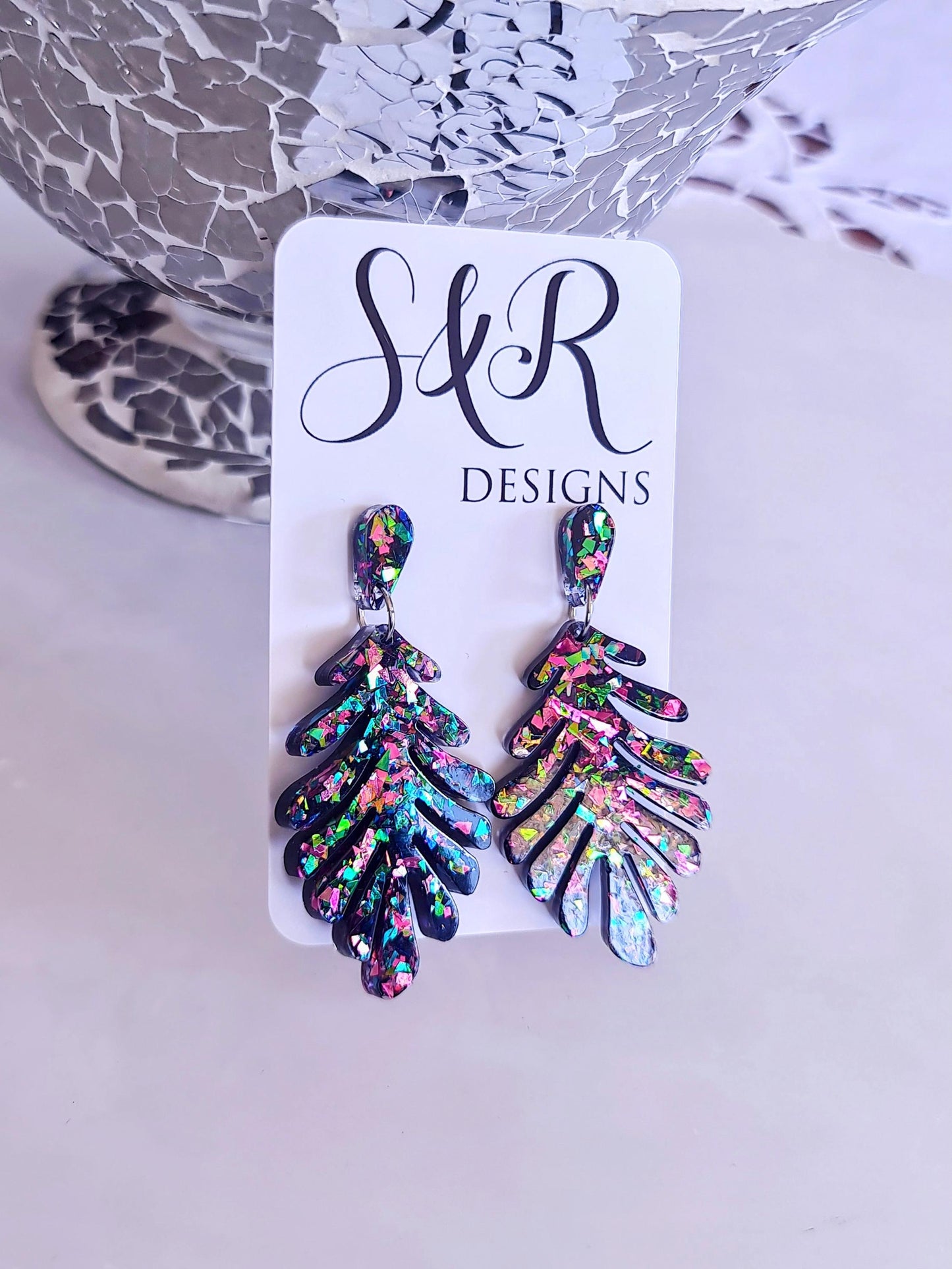 Handmade Glitter Resin Leaf Earrings - Multicoloured Bold Statement Jewellery