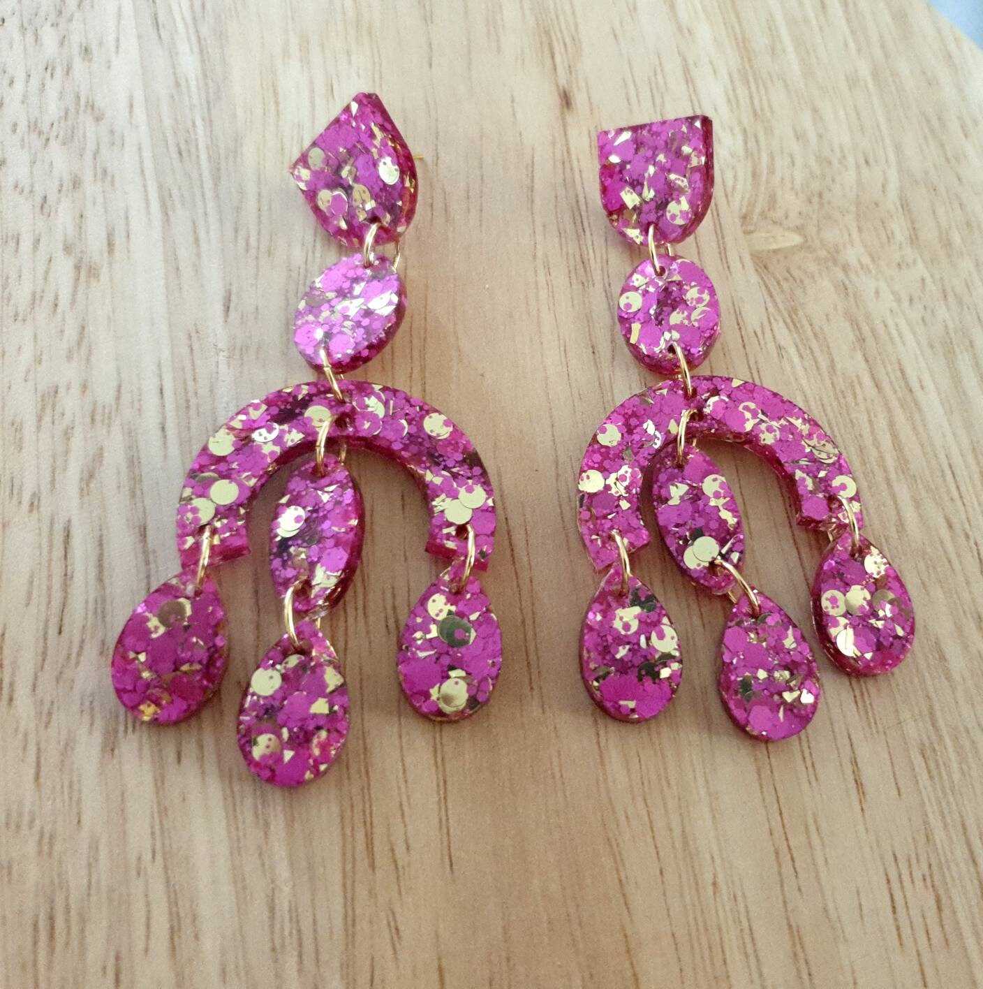 Large Oversized Chandelier Dangle Earrings, Pink and Gold Glitter Dangles, Statement Long Earrings