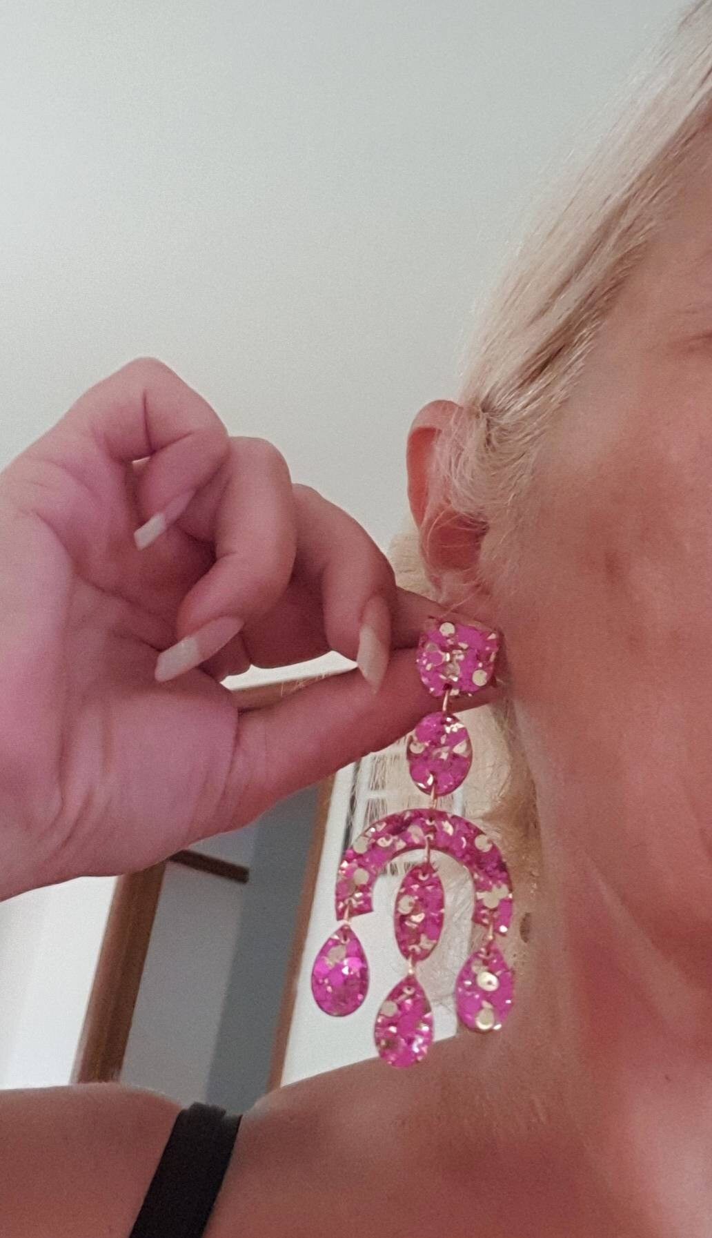Large Oversized Chandelier Dangle Earrings, Pink and Gold Glitter Dangles, Statement Long Earrings