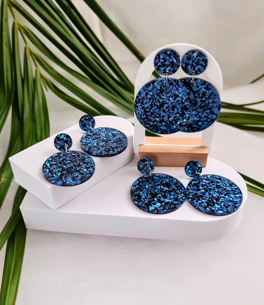 Statement Circle Long Dangle Earrings, Blue Shards Black Mix Earrings, Acrylic Earrings, Stainless Steel Earrings. Choose from 6 sizes