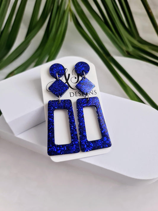 Metallic Blue Rectangle Long Dangle Earrings, Statement Silver Blue Glitter Handmade, Long Dangle Drop Earrings, 8.5cm Long, Birthday Gift