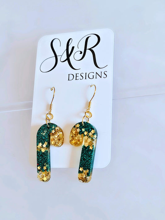 Christmas Candy Cane Dangle Drop Earwire Earrings, Gold Stars and Teal Glitter, Statement Handmade Resin Earrings, Hypoallergenic