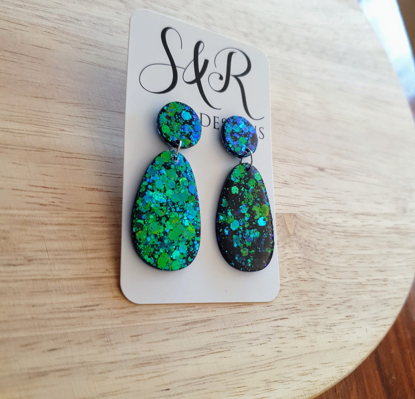 Statement Oval Organic Shape Drop Earrings, Green Blue Changing Glitter, Resin Handmade, Stainless Steel. Personalised Gift Custom Colours