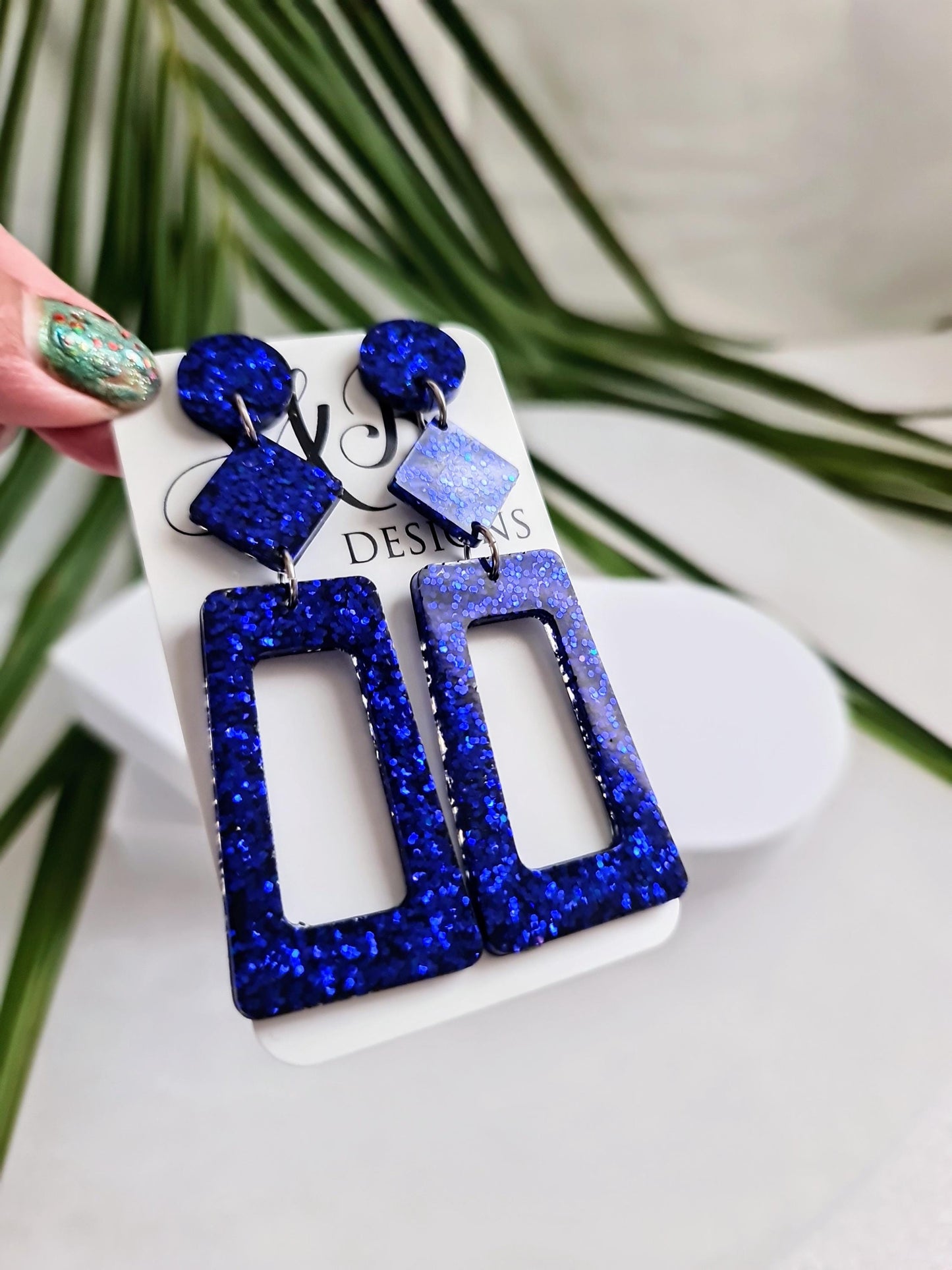 Metallic Blue Rectangle Long Dangle Earrings, Statement Silver Blue Glitter Handmade, Long Dangle Drop Earrings, 8.5cm Long, Birthday Gift