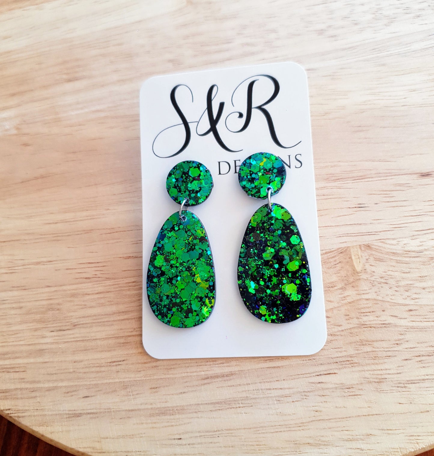 Statement Oval Organic Shape Drop Earrings, Green Blue Changing Glitter, Resin Handmade, Stainless Steel. Personalised Gift Custom Colours