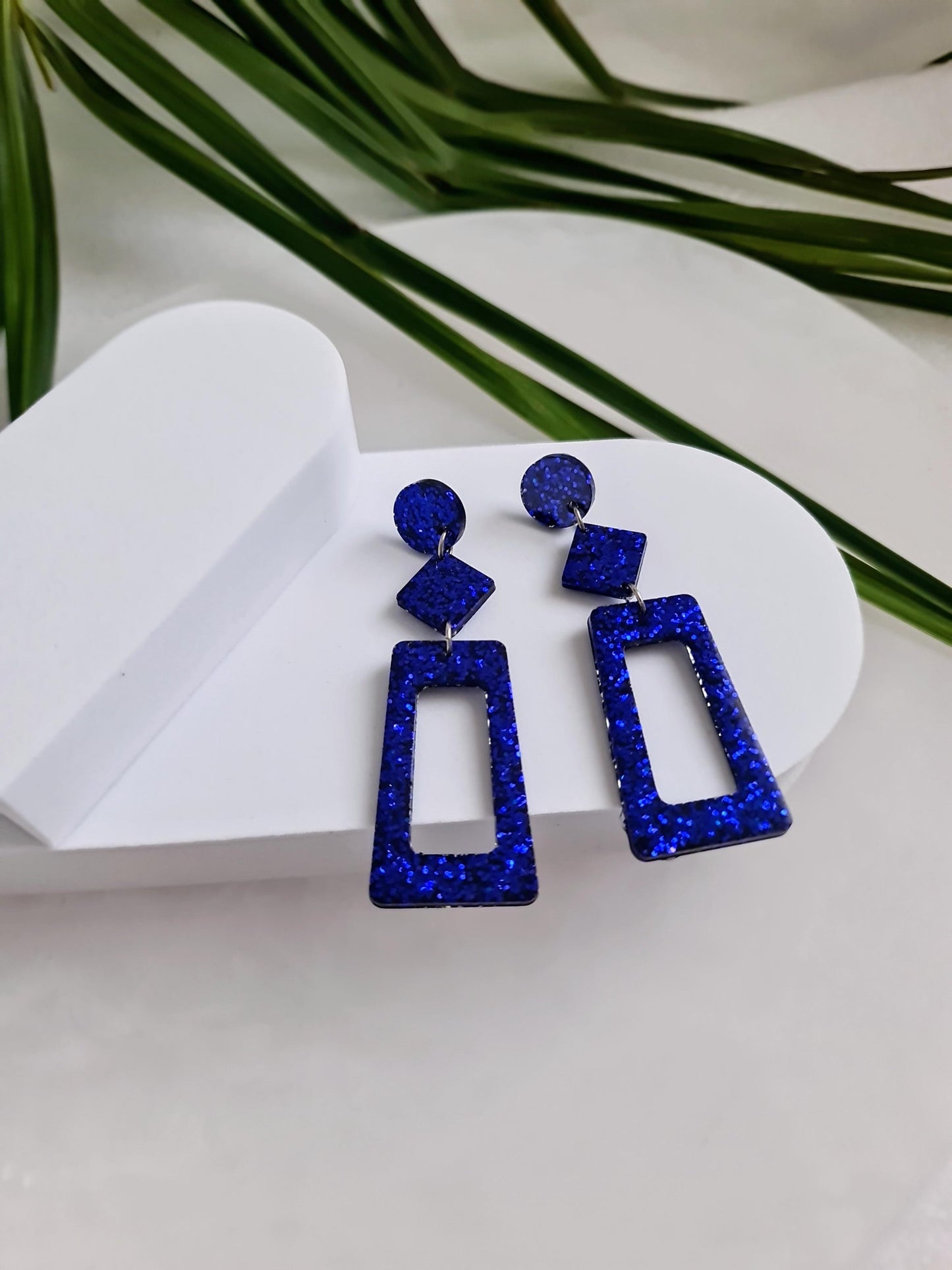 Metallic Blue Rectangle Long Dangle Earrings, Statement Silver Blue Glitter Handmade, Long Dangle Drop Earrings, 8.5cm Long, Birthday Gift