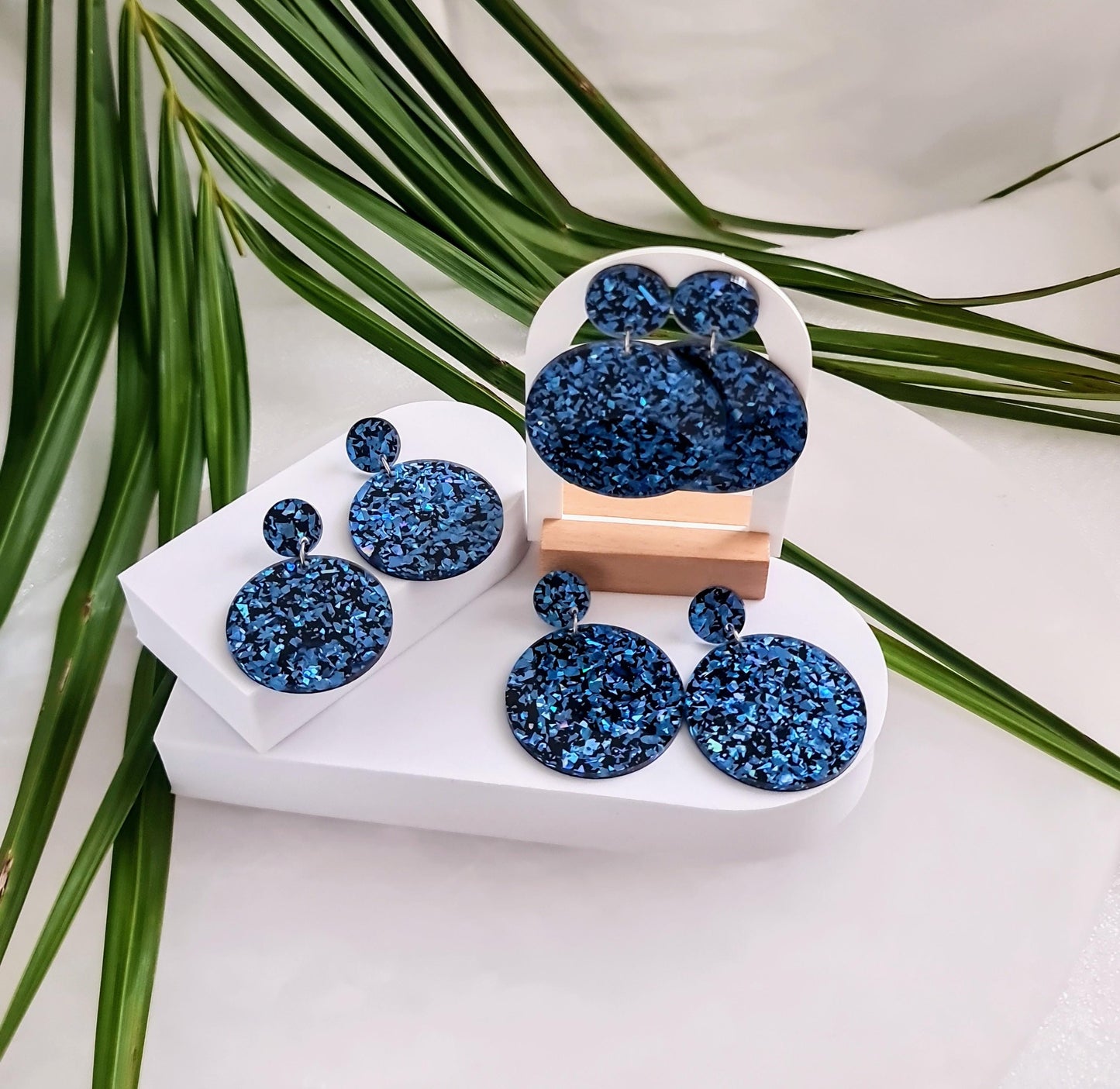 Statement Circle Long Dangle Earrings, Blue Shards Black Mix Earrings, Acrylic Earrings, Stainless Steel Earrings. Choose from 6 sizes