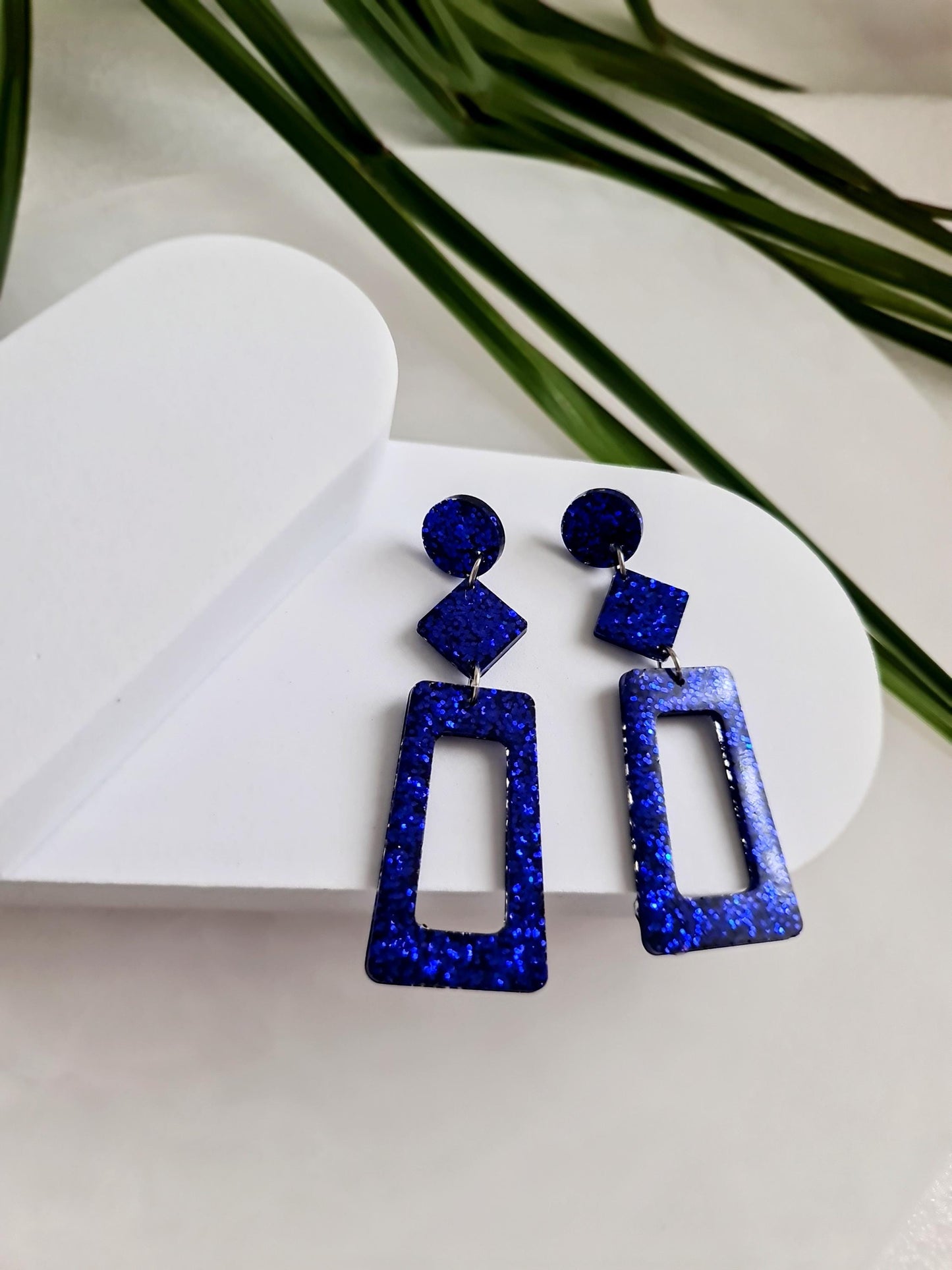 Metallic Blue Rectangle Long Dangle Earrings, Statement Silver Blue Glitter Handmade, Long Dangle Drop Earrings, 8.5cm Long, Birthday Gift