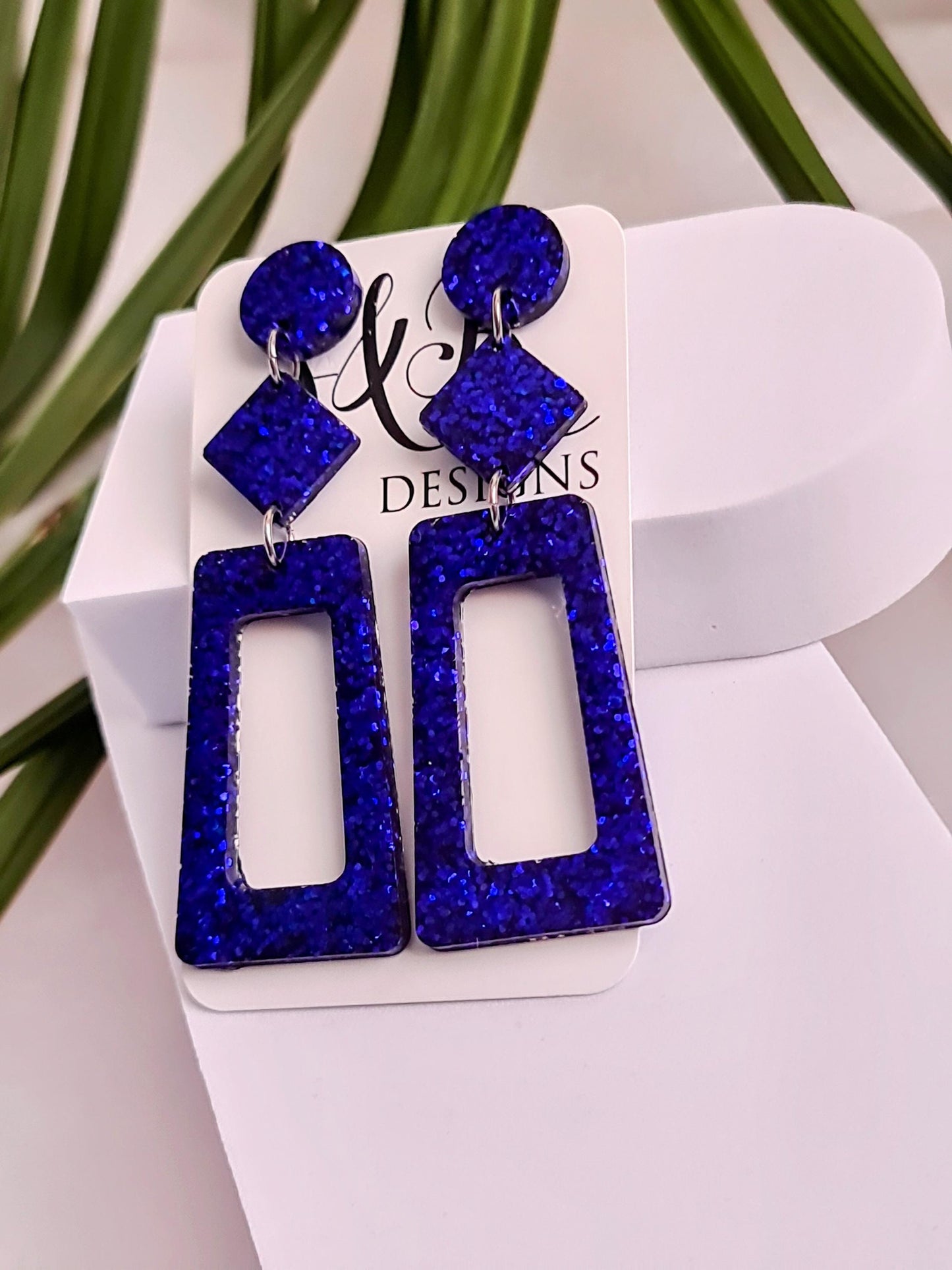 Metallic Blue Rectangle Long Dangle Earrings, Statement Silver Blue Glitter Handmade, Long Dangle Drop Earrings, 8.5cm Long, Birthday Gift