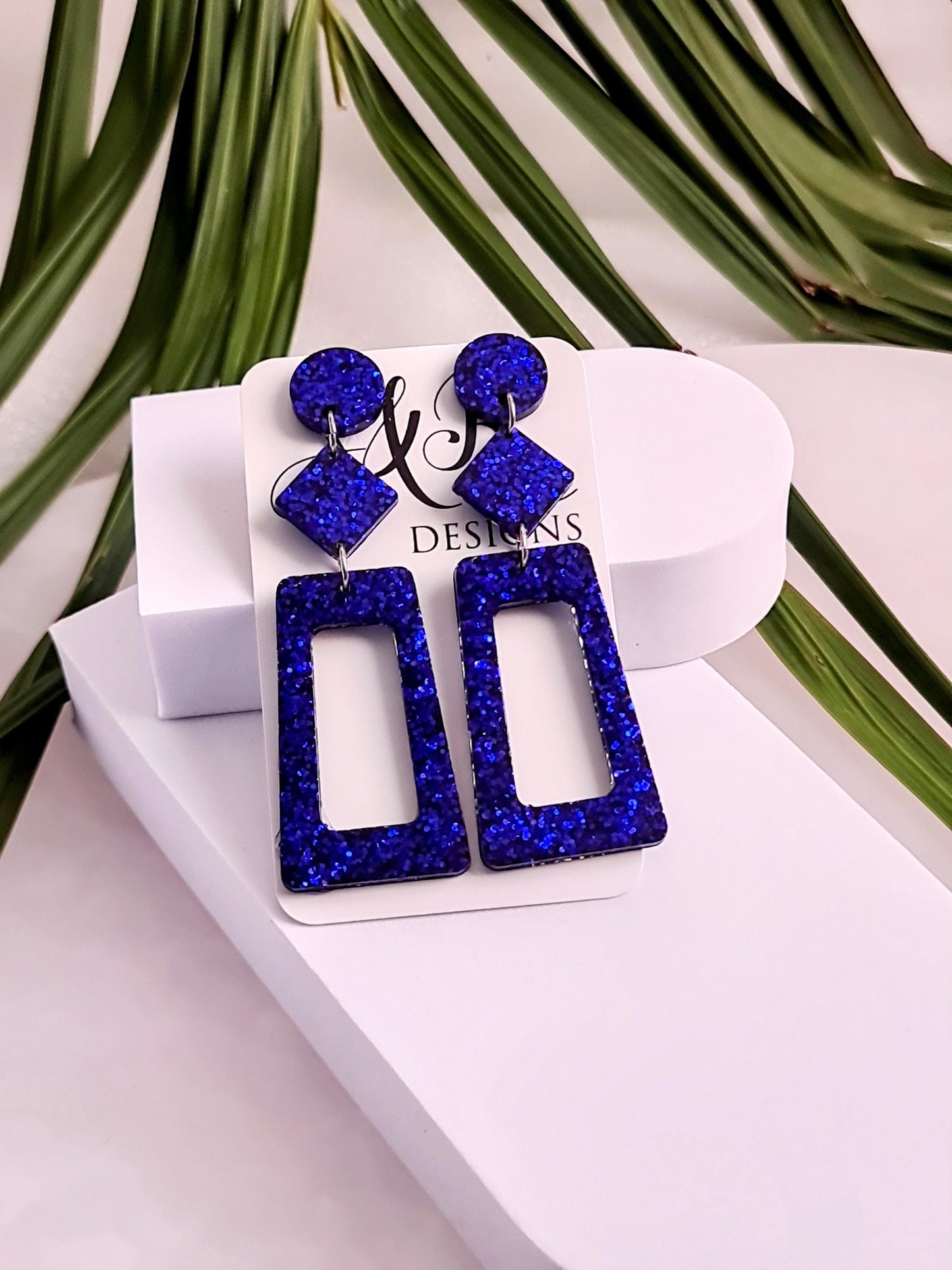 Metallic Blue Rectangle Long Dangle Earrings, Statement Silver Blue Glitter Handmade, Long Dangle Drop Earrings, 8.5cm Long, Birthday Gift