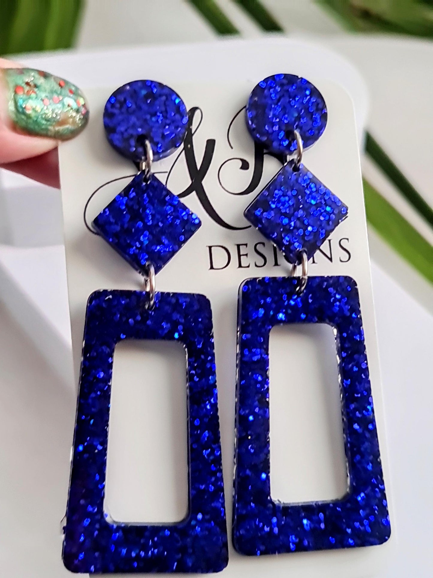 Metallic Blue Rectangle Long Dangle Earrings, Statement Silver Blue Glitter Handmade, Long Dangle Drop Earrings, 8.5cm Long, Birthday Gift