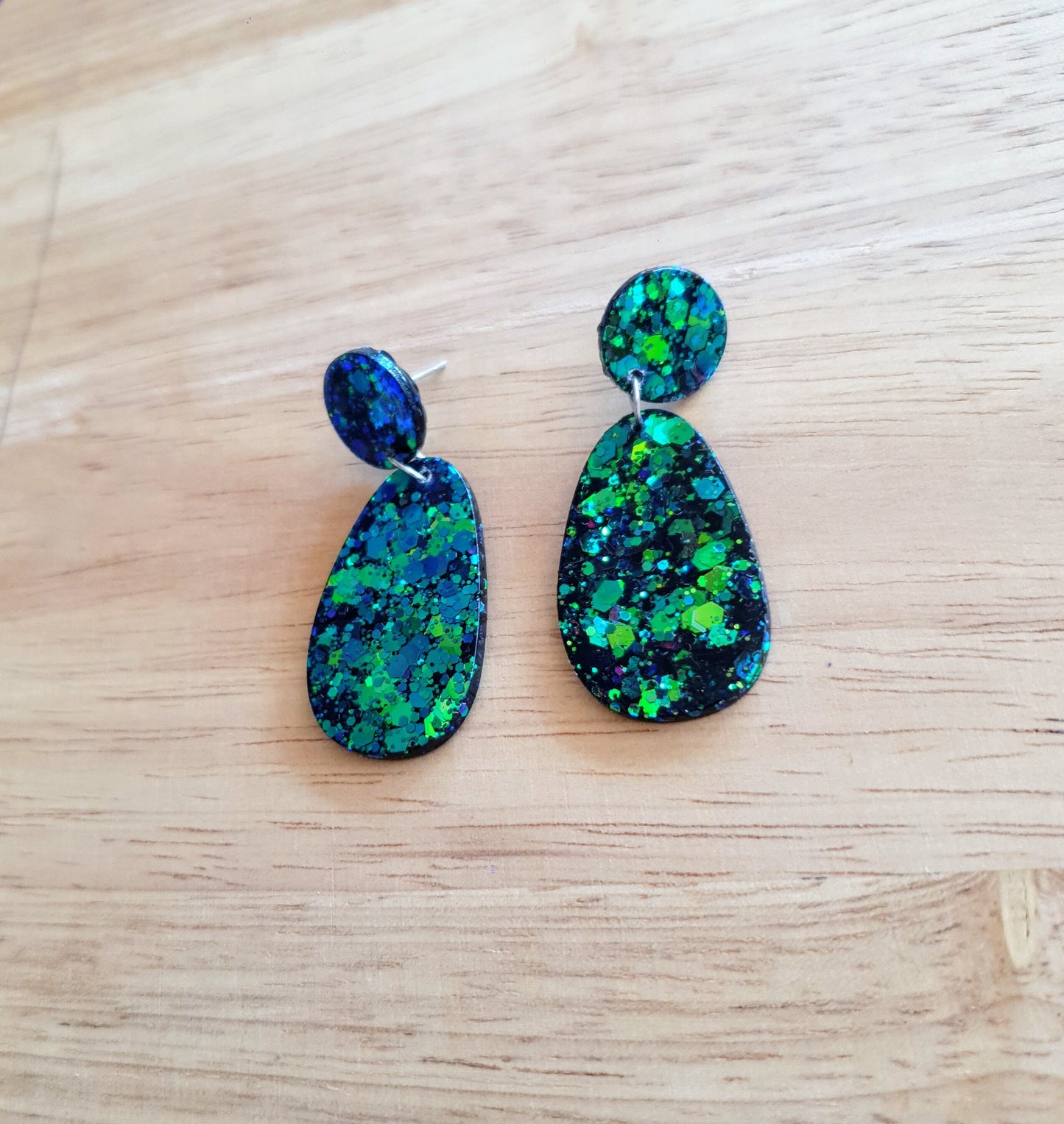 Statement Oval Organic Shape Drop Earrings, Green Blue Changing Glitter, Resin Handmade, Stainless Steel. Personalised Gift Custom Colours
