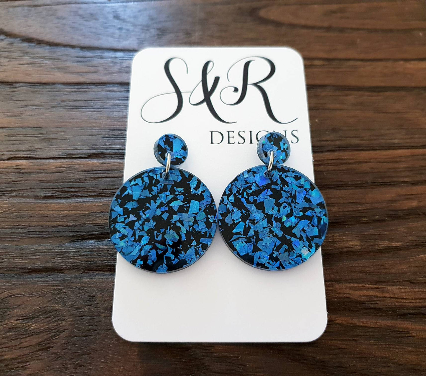 Statement Circle Long Dangle Earrings, Blue Shards Black Mix Earrings, Acrylic Earrings, Stainless Steel Earrings. Choose from 6 sizes