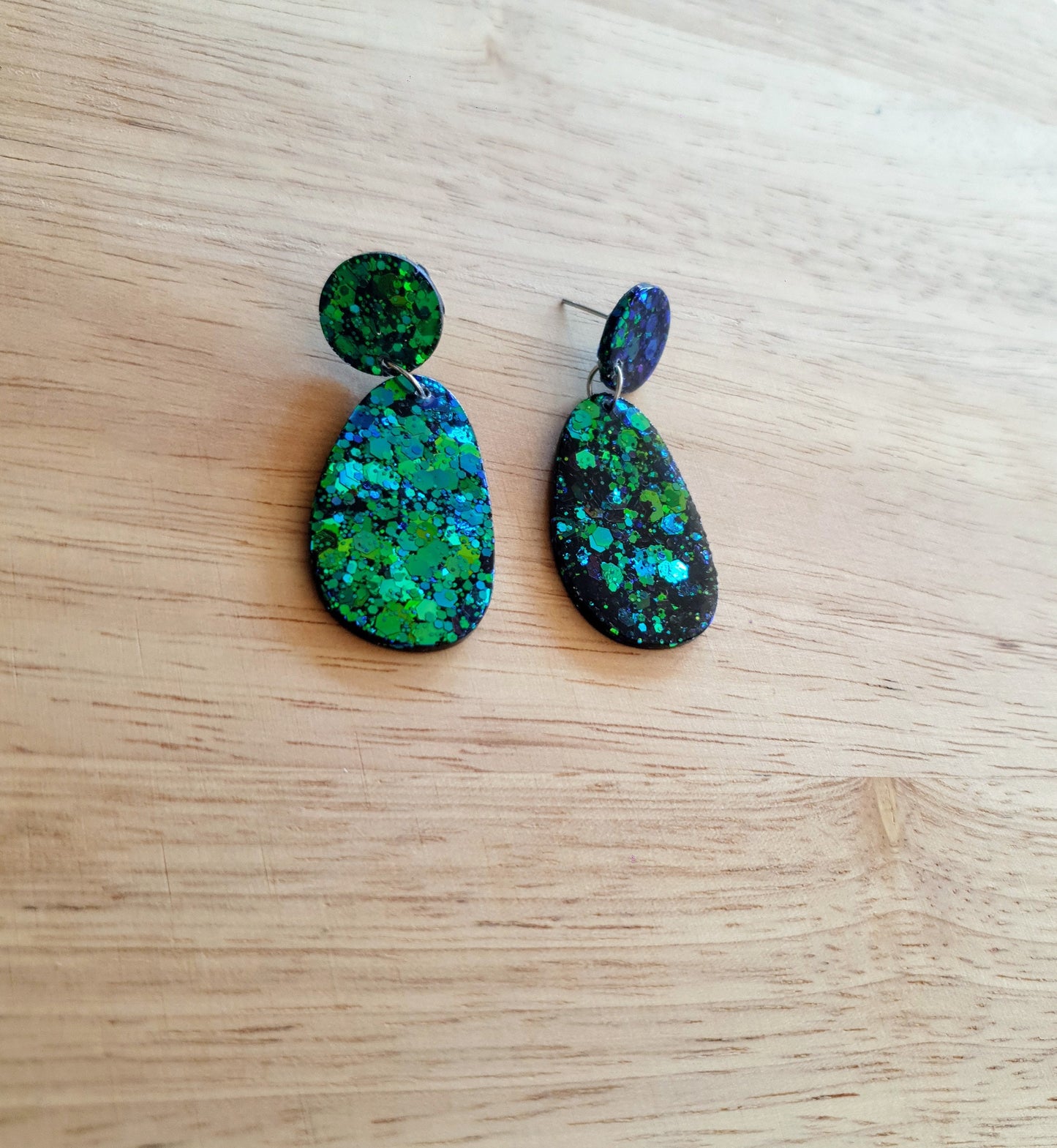 Statement Oval Organic Shape Drop Earrings, Green Blue Changing Glitter, Resin Handmade, Stainless Steel. Personalised Gift Custom Colours