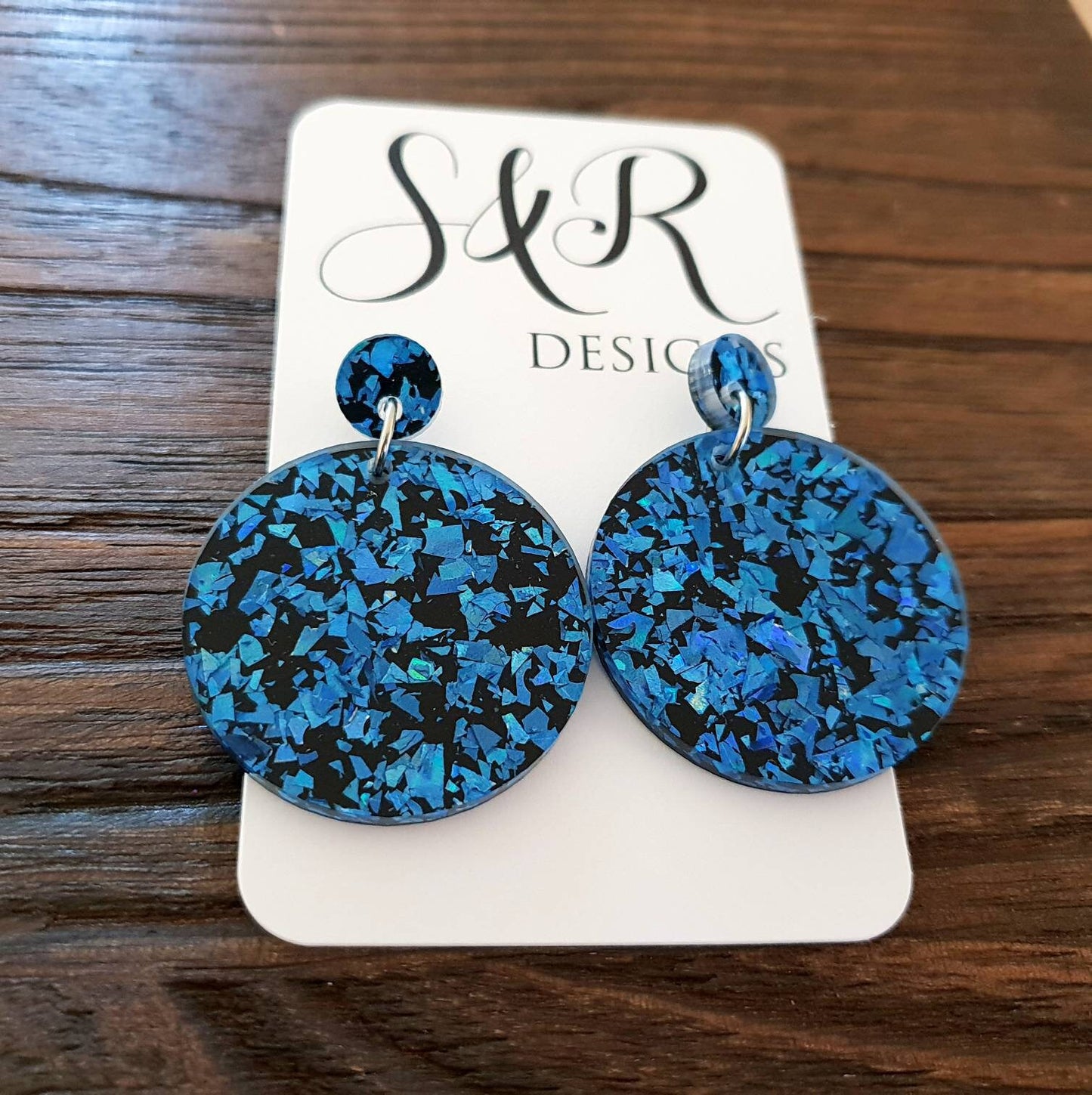 Statement Circle Long Dangle Earrings, Blue Shards Black Mix Earrings, Acrylic Earrings, Stainless Steel Earrings. Choose from 6 sizes