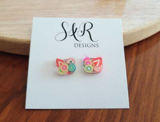 Fruit Salad Cat Stud Earrings, Cat Polymer Fruit Resin Stud Earrings, Earrings made with Stainless Steel Hypoallergenic.