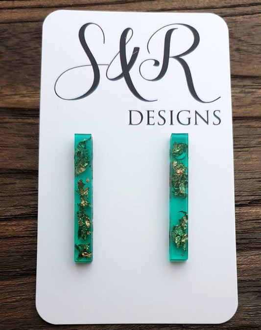 Long Bar Earrings, Emerald Green Rose Gold Leaf Earrings, Bar Resin Earrings, Stainless Steel Earrings, Statement Earrings