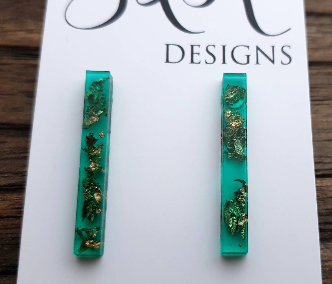 Long Bar Earrings, Emerald Green Rose Gold Leaf Earrings, Bar Resin Earrings, Stainless Steel Earrings, Statement Earrings