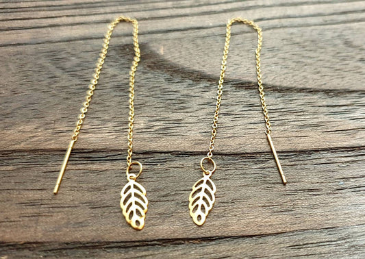 Tiny Dainty Leaf Threader Gold Earrings, Stainless Steel Dangle Choose Thread Earrings, Hook or Leverback Earrings.