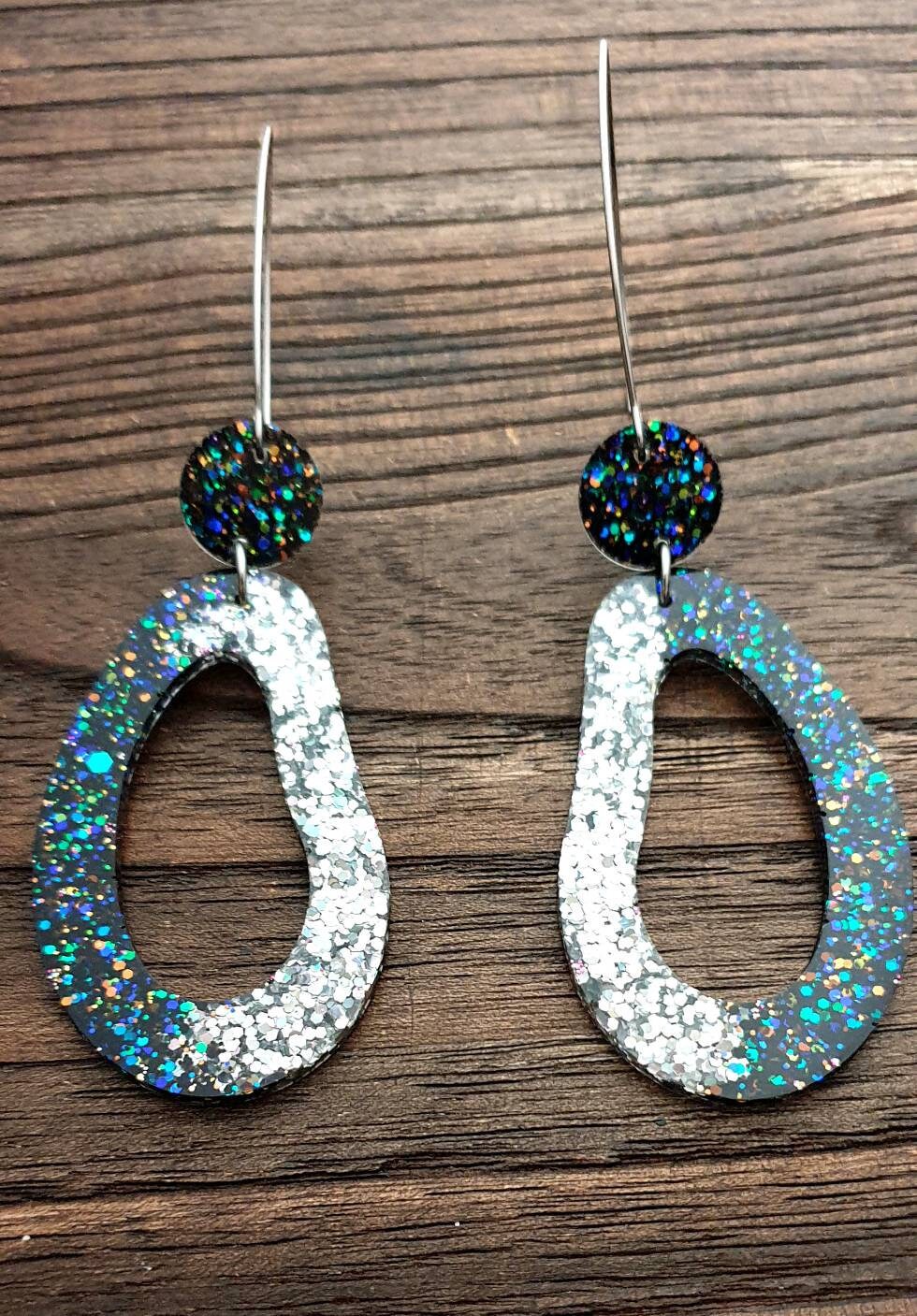 Large Unique Oval Design Long Dangle Earrings, Black Rainbow Silver Holographic Glitter Resin Dangle Statement Earrings