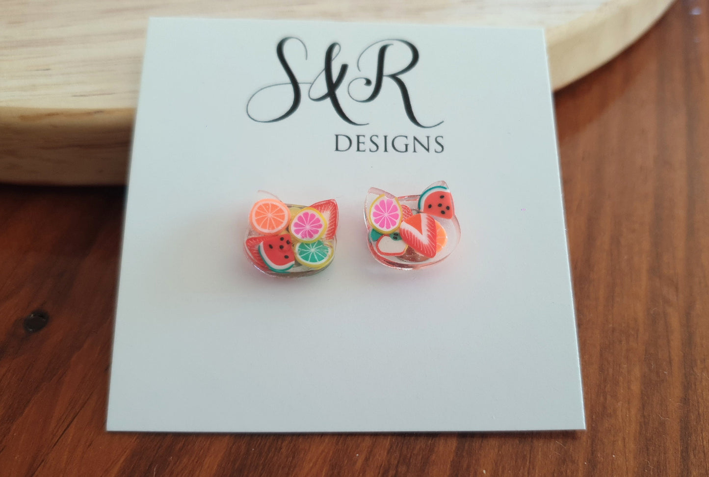 Fruit Salad Cat Stud Earrings, Cat Polymer Fruit Resin Stud Earrings, Earrings made with Stainless Steel Hypoallergenic.